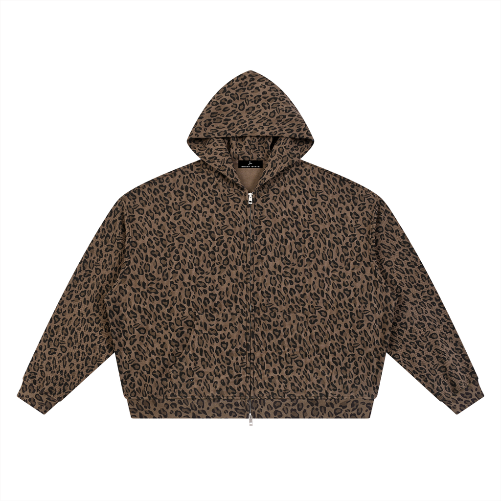 LEOPARD WAFFLE ZIP HOODIE