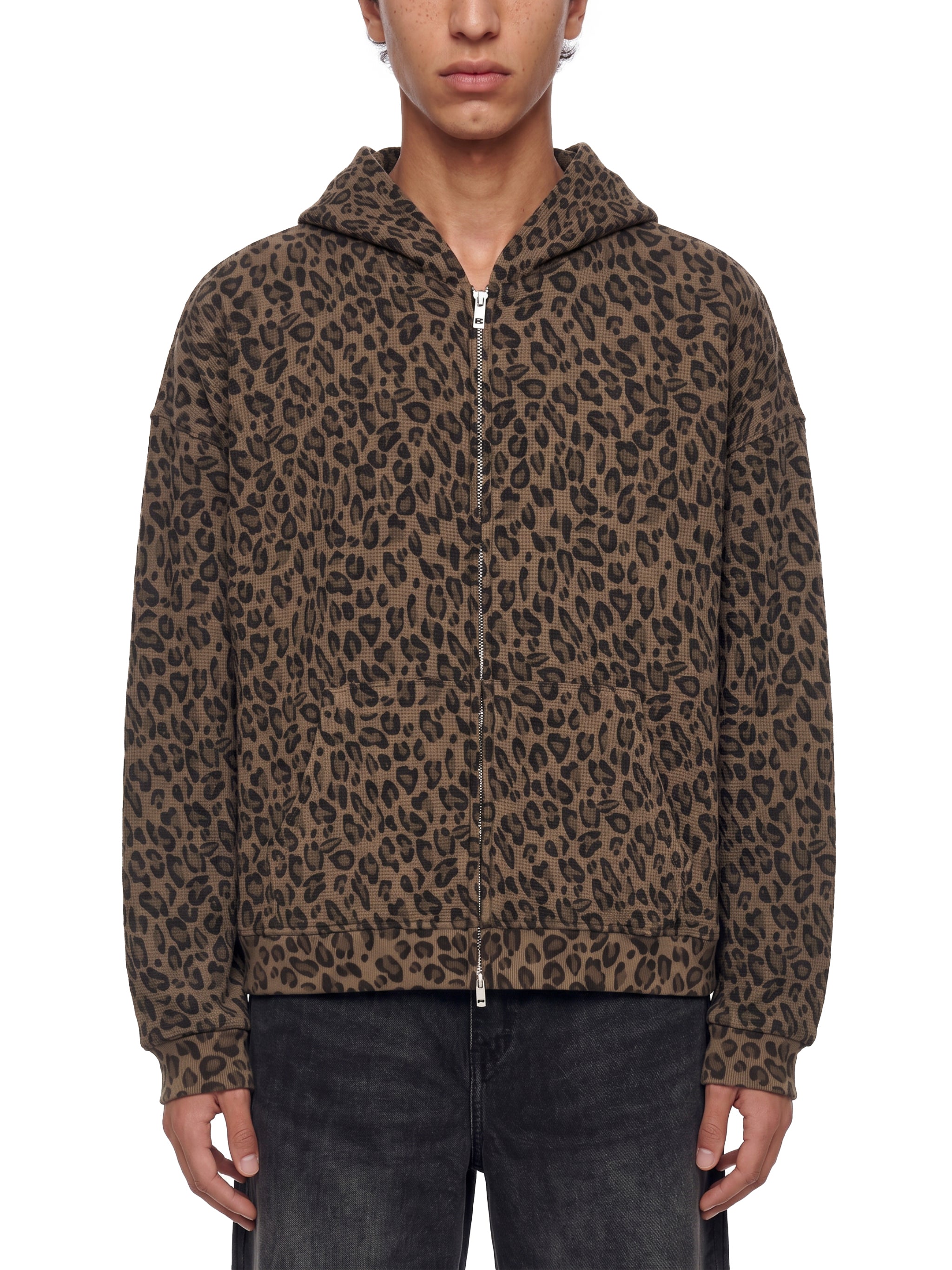 LEOPARD WAFFLE ZIP HOODIE