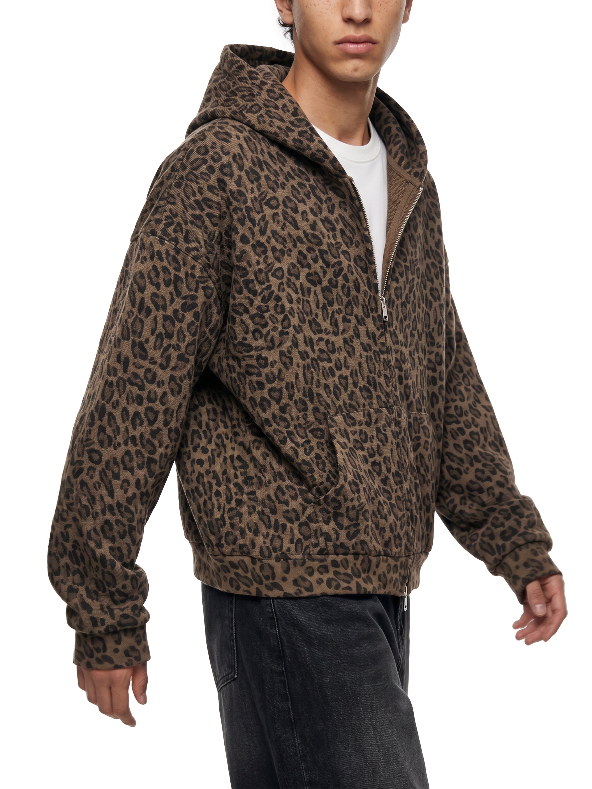 LEOPARD WAFFLE ZIP HOODIE