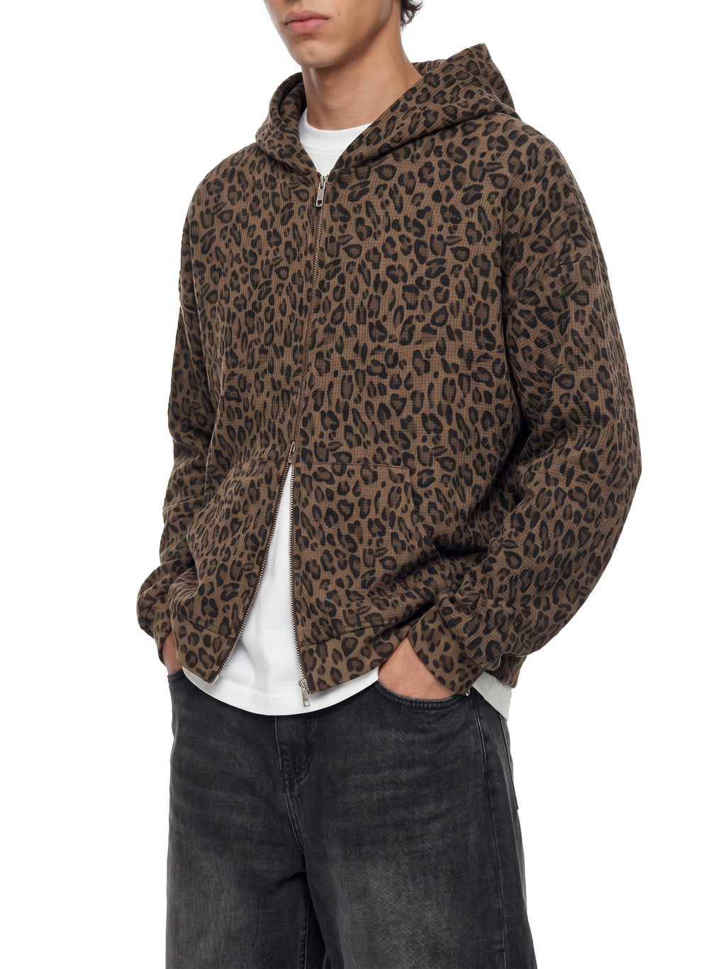 LEOPARD WAFFLE ZIP HOODIE