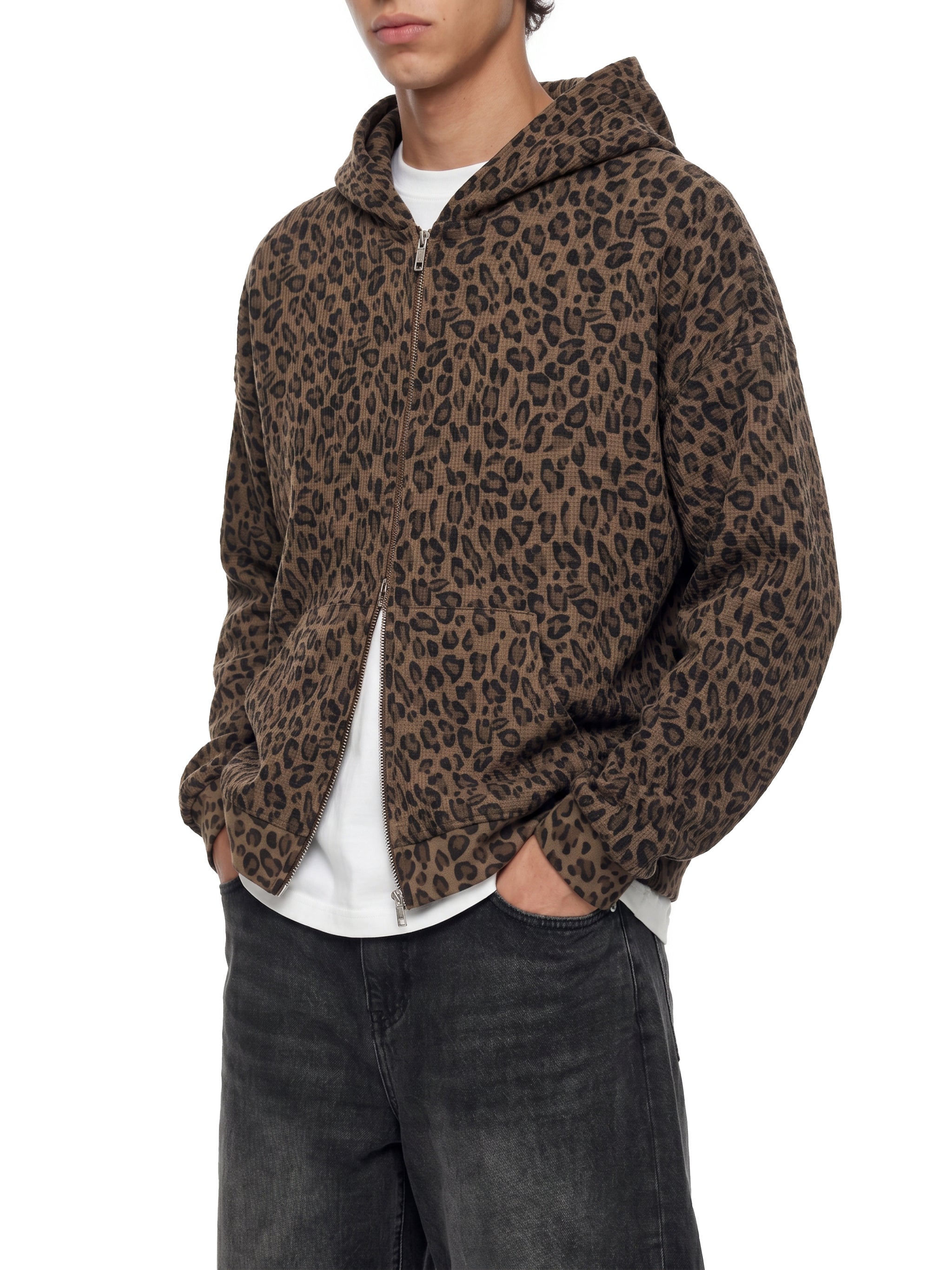 LEOPARD WAFFLE ZIP HOODIE